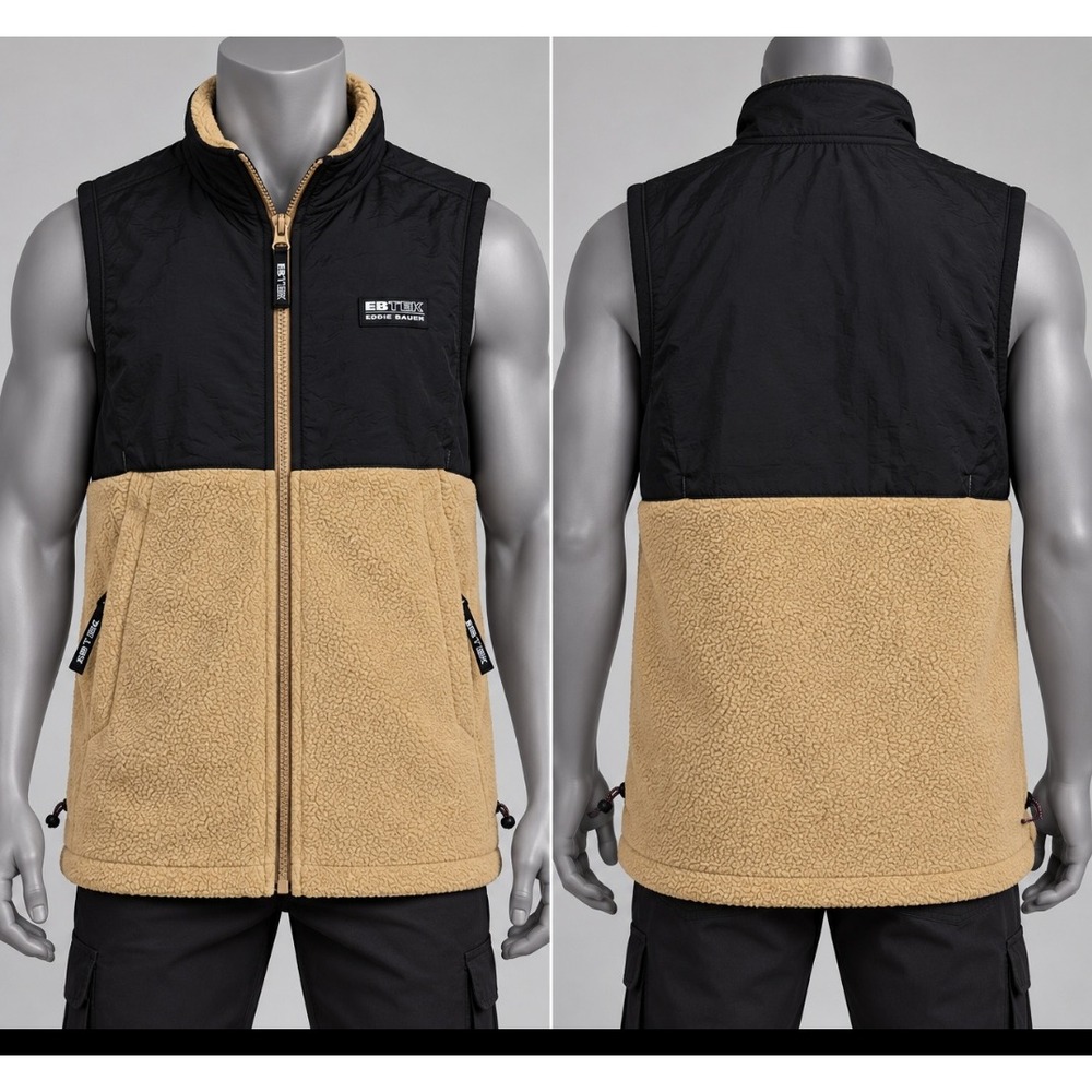Eddie Bauer EBTEK Sz S Mens Fleece Vest Black Tan Colorblock Full Zip Gorpcore